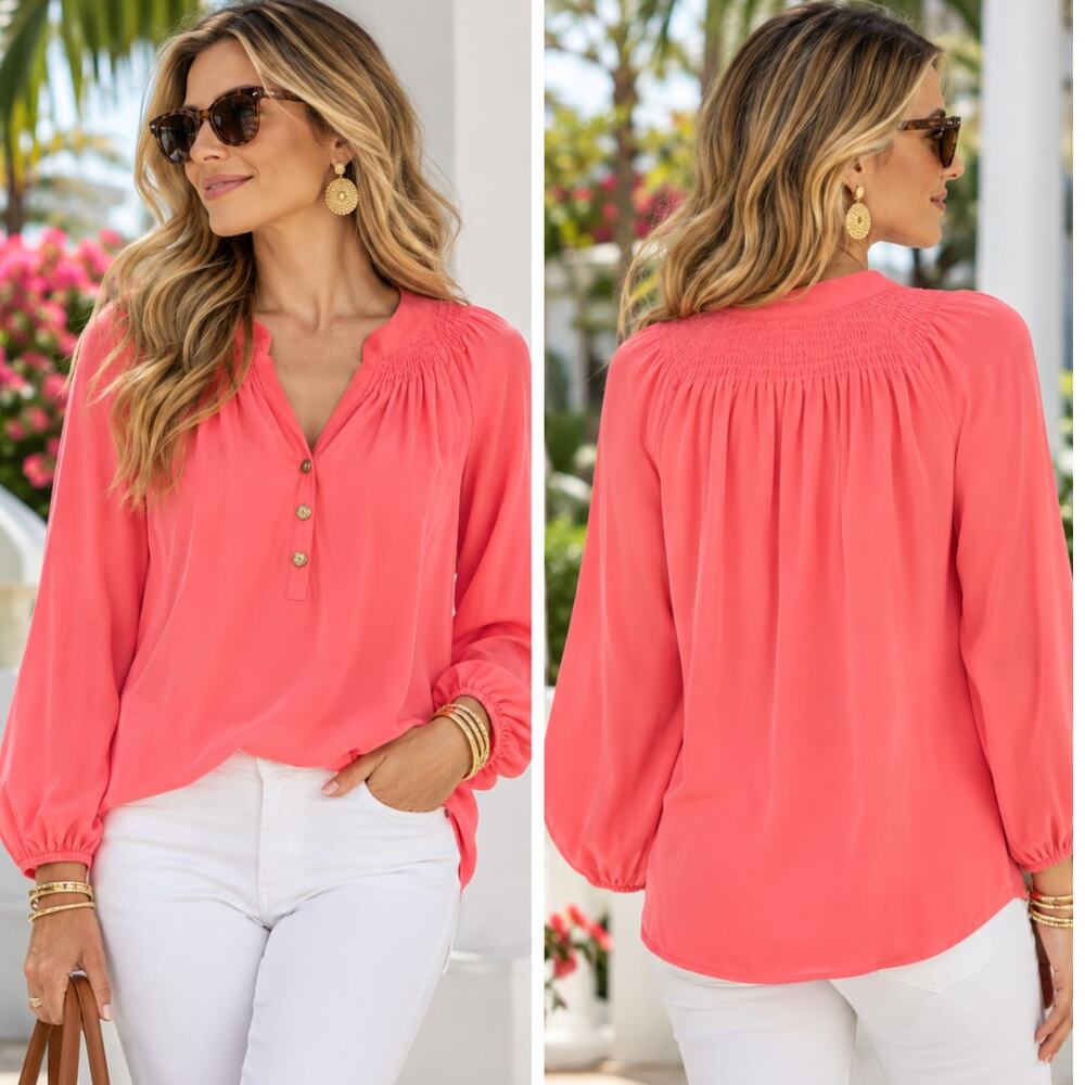 Lilly Pulitzer Elsa Silk Blouse Coral Pink Size XS Smocked Gold Buttons Resort